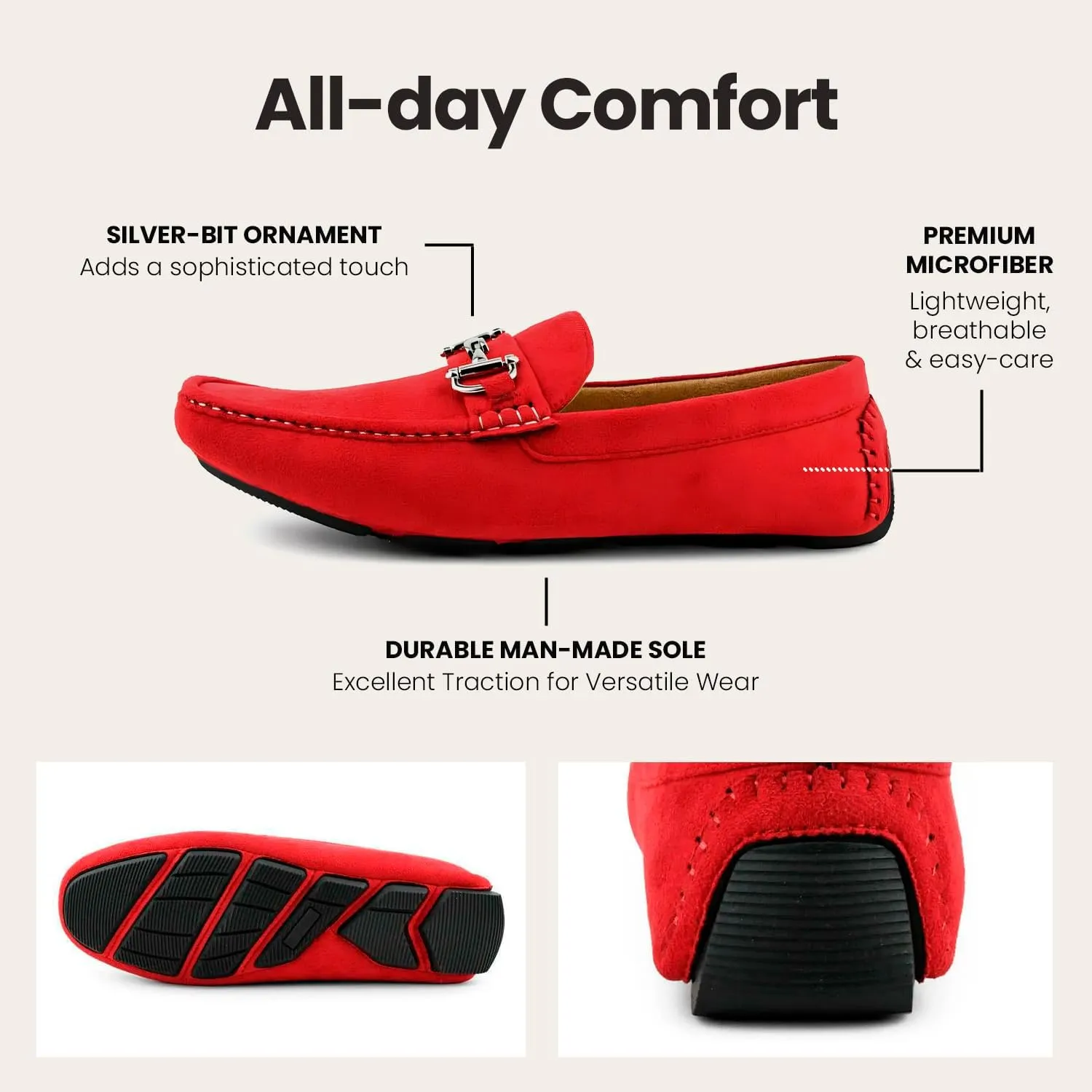 Amali Walken Men's Casual Slip-On Loafers, Driving Moccasin Shoes for Men with Silver Buckle, Available in Plush Microfiber and PU Leather