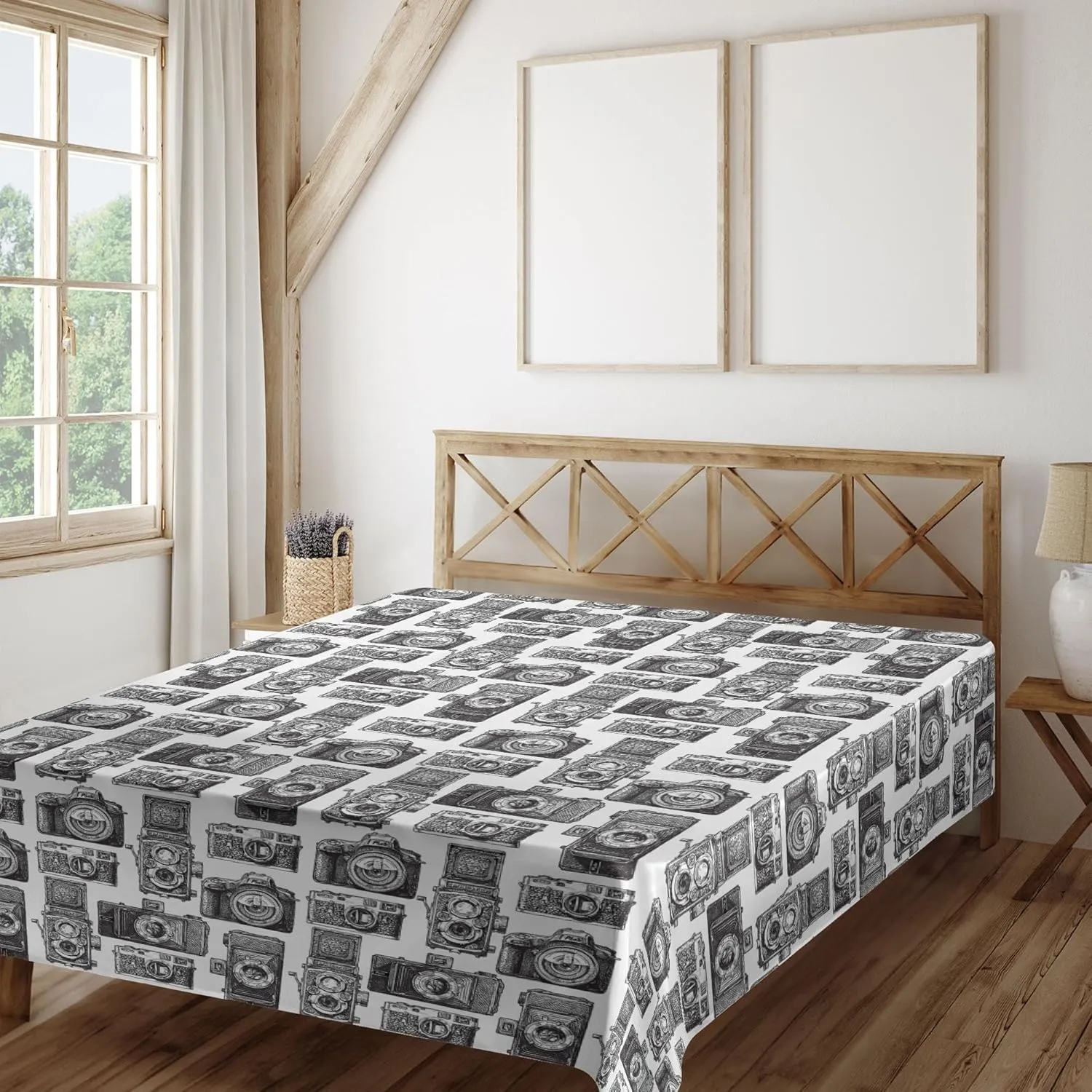 Ambesonne Camera Flat Sheet, Antique Analog Film Recording Instruments Engraved Professional Photographer, Soft Comfortable Top Sheet Decorative Bedding 1 Piece, California King, Black and White
