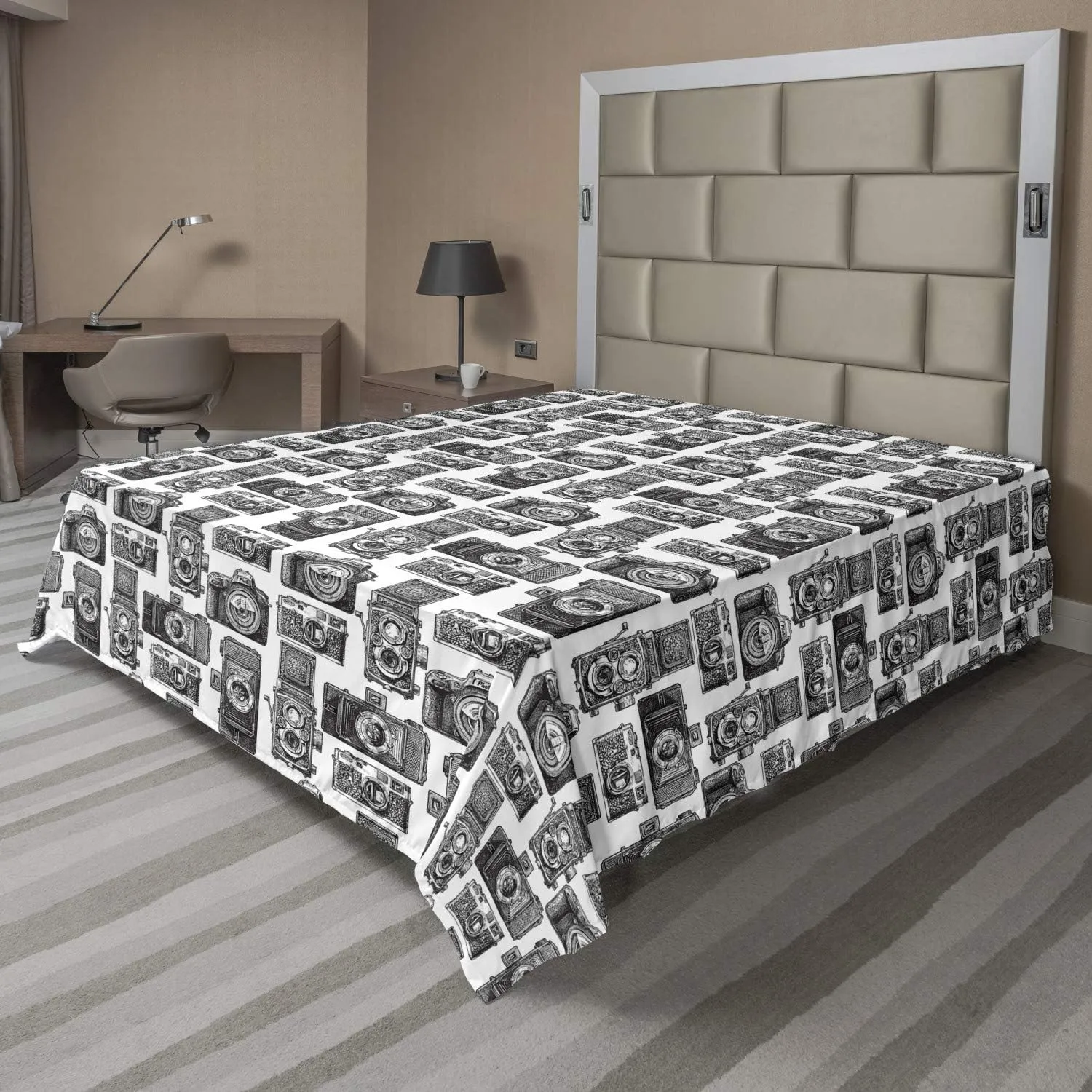 Ambesonne Camera Flat Sheet, Antique Analog Film Recording Instruments Engraved Professional Photographer, Soft Comfortable Top Sheet Decorative Bedding 1 Piece, California King, Black and White