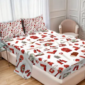 Ambesonne Camping Sheet Set, Lumberjack Elements from Outdoor Leisure Activities in Vinous Tones, Fitted and Flat Sheet with Pillowcases Bedding Accent 4 Piece Set, King, White Vermilion and Brown