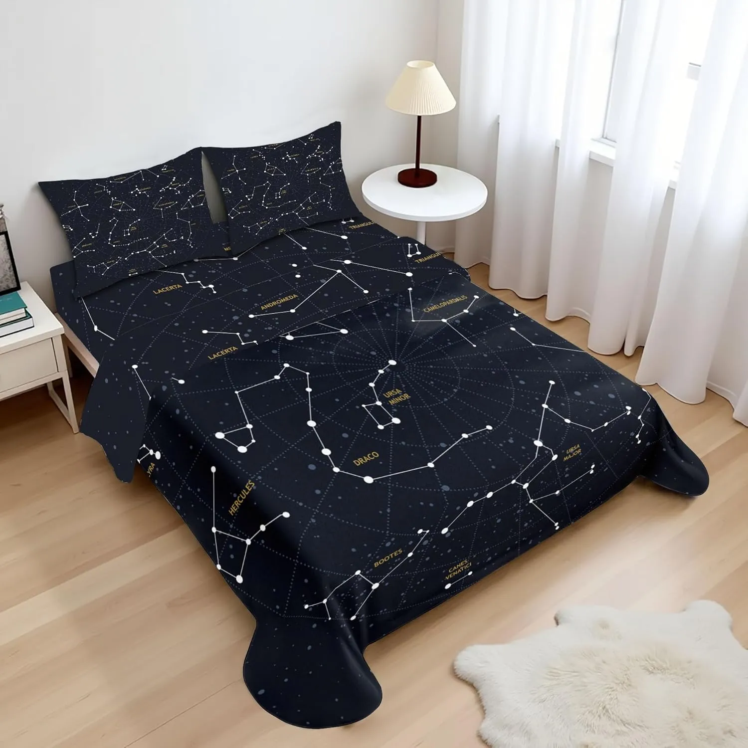 Ambesonne Constellation Sheet Set, Sky Map Andromeda Lacerta Cygnus Lyra Hercules Draco Bootes Lynx, Fitted and Flat Sheet with Pillowcases Bedding Accent 4 Piece Set, Queen, Dark Blue Yellow White