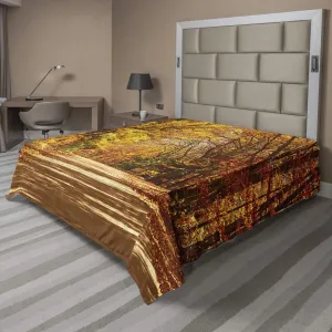 Ambesonne Fall Flat Sheet, Scenic View Outdoors Empty Roadway Surrounded with Deciduous Trees Image, Soft Comfortable Top Sheet Decorative Bedding 1 Piece, California King, Redwood Yellow Orange