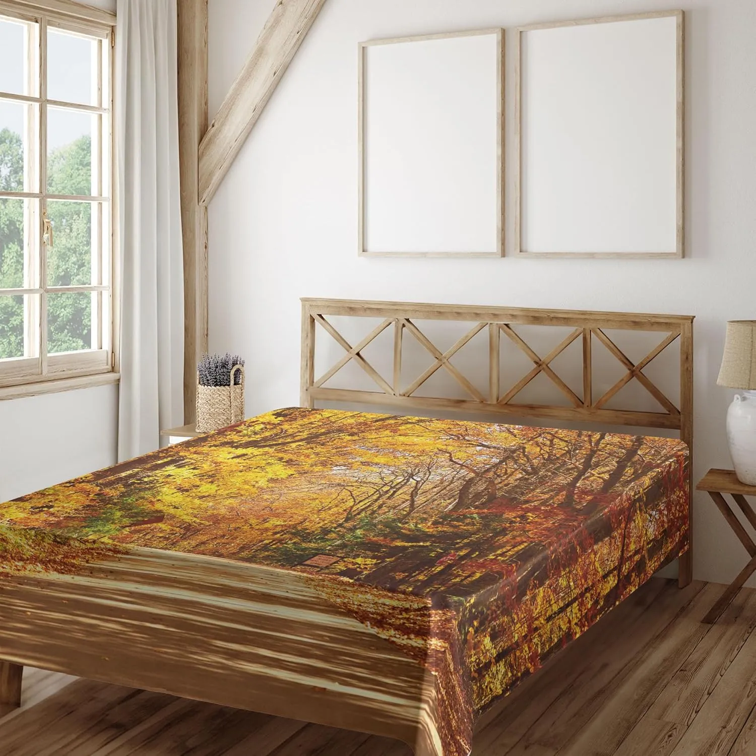 Ambesonne Fall Flat Sheet, Scenic View Outdoors Empty Roadway Surrounded with Deciduous Trees Image, Soft Comfortable Top Sheet Decorative Bedding 1 Piece, California King, Redwood Yellow Orange