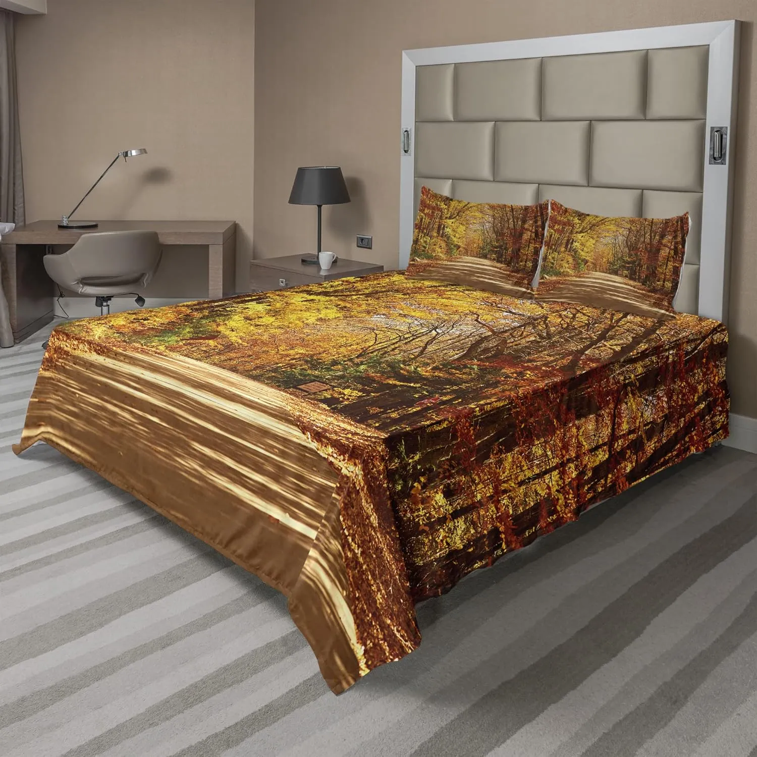 Ambesonne Fall Sheet Set, Scenic View Outdoors Empty Roadway Surrounded with Deciduous Trees Image, Fitted and Flat Sheet with Pillowcases Bedding Accent 4 Piece Set, Full, Redwood Yellow Orange