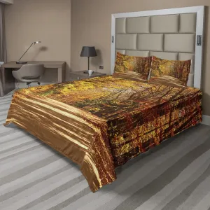 Ambesonne Fall Sheet Set, Scenic View Outdoors Empty Roadway Surrounded with Deciduous Trees Image, Fitted and Flat Sheet with Pillowcases Bedding Accent 4 Piece Set, Full, Redwood Yellow Orange