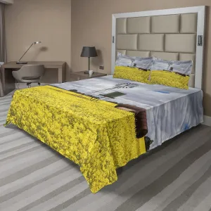 Ambesonne Windmill Sheet Set, Canola Meadow Stormy Day Victorian Goldfields Agricultural Farmland, Fitted and Flat Sheet with Pillowcases Bedding Accent 4 Piece Set, Calking, Yellow Grey and White