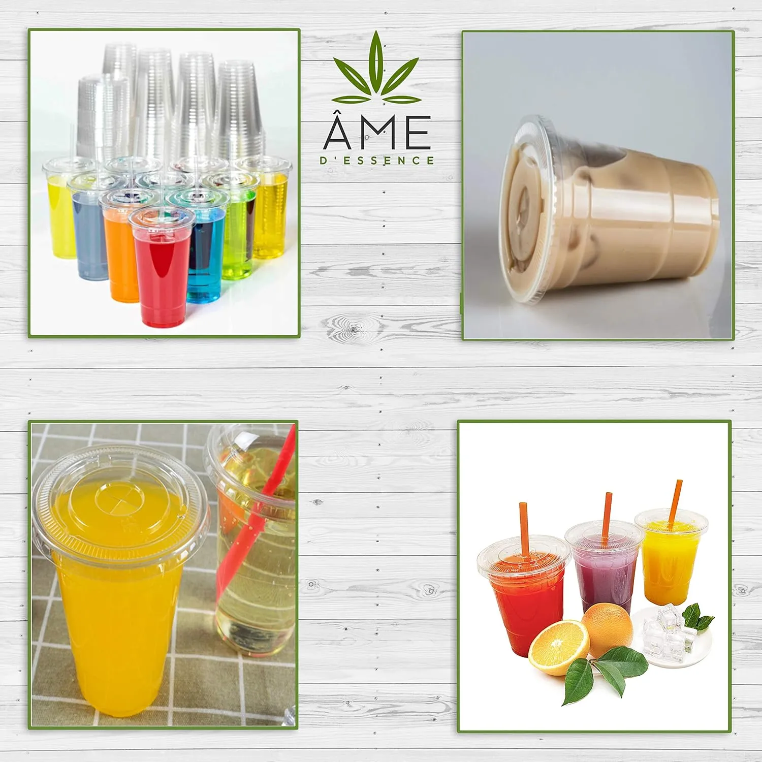 AME D'ESSENCE (200 PC) Combo 12 oz Disposable Clear Cups with Flat Lids Bonus Straws Drinking Plastic Cups Iced Coffee Party Cups Small (Cups 100 PC/Lids 100 PC)