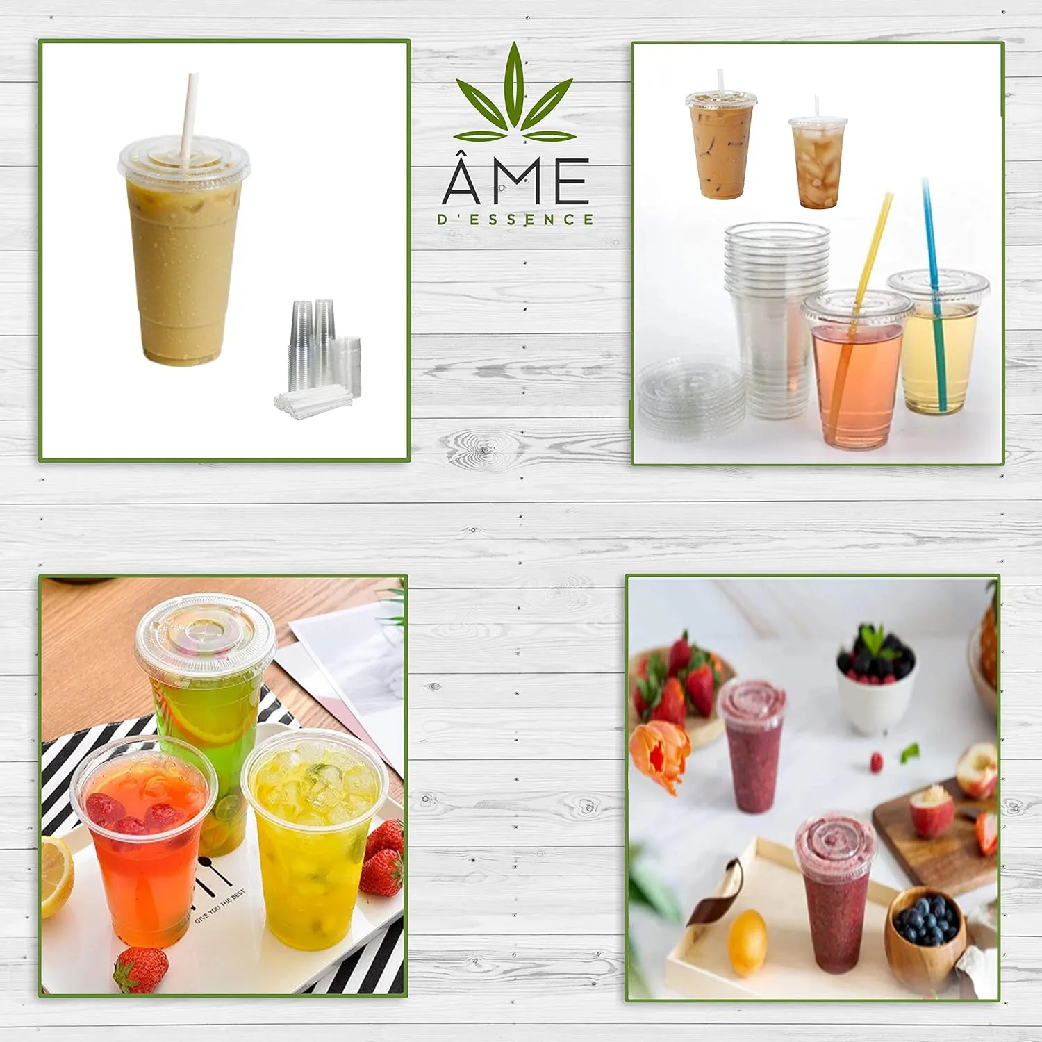 AME D'ESSENCE (200 PC) Combo 12 oz Disposable Clear Cups with Flat Lids Bonus Straws Drinking Plastic Cups Iced Coffee Party Cups Small (Cups 100 PC/Lids 100 PC)