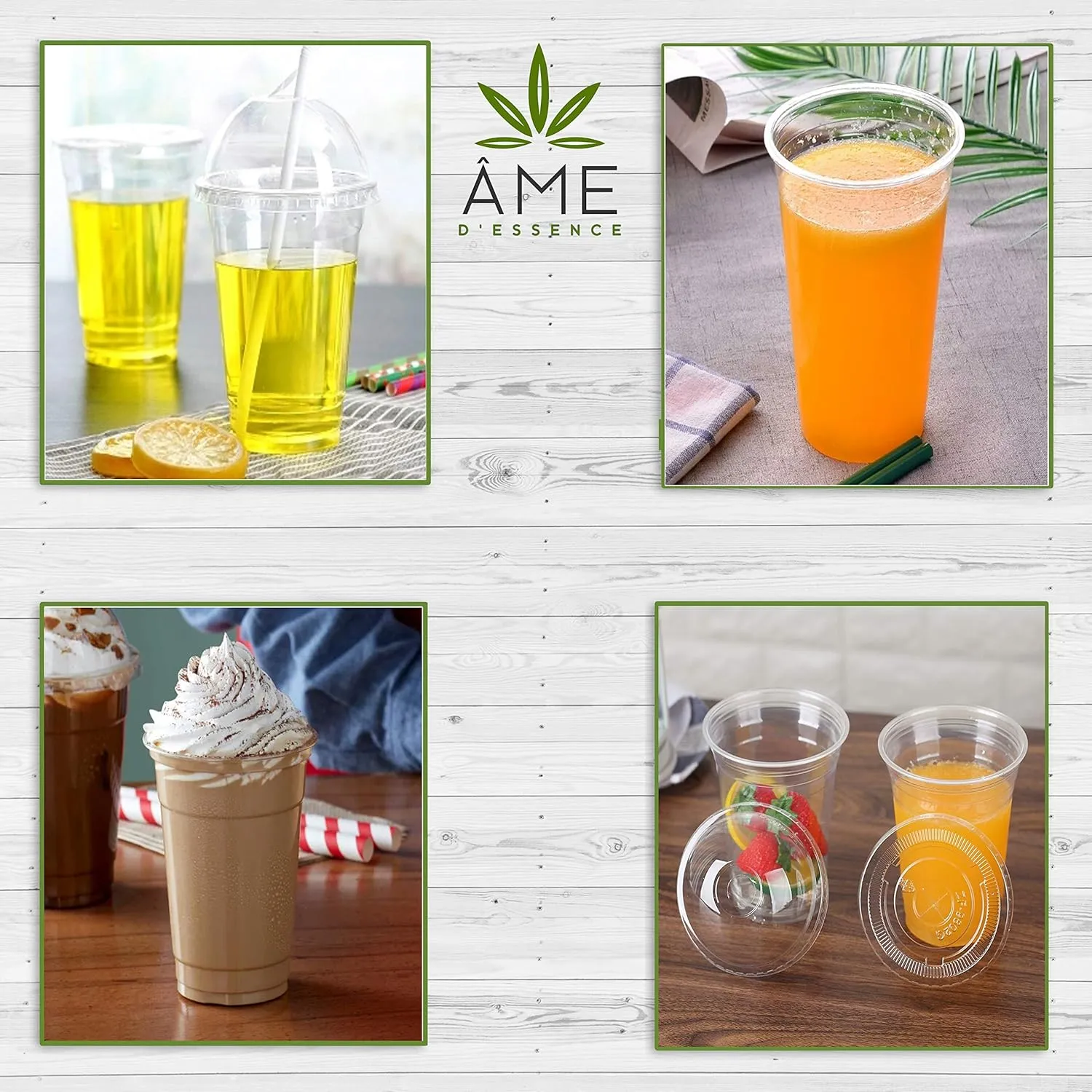 AME D'ESSENCE (200 PC) Combo 12 oz Disposable Clear Cups with Flat Lids Bonus Straws Drinking Plastic Cups Iced Coffee Party Cups Small (Cups 100 PC/Lids 100 PC)