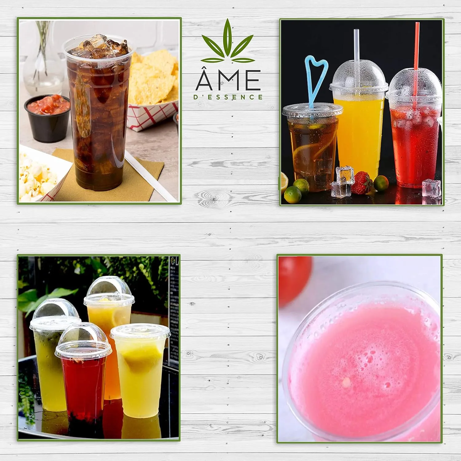 AME D'ESSENCE (200 PC) Combo 12 oz Disposable Clear Cups with Flat Lids Bonus Straws Drinking Plastic Cups Iced Coffee Party Cups Small (Cups 100 PC/Lids 100 PC)