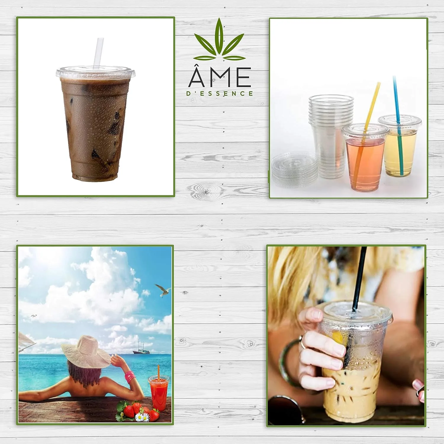 AME D'ESSENCE (200 PC) Combo 12 oz Disposable Clear Cups with Flat Lids Bonus Straws Drinking Plastic Cups Iced Coffee Party Cups Small (Cups 100 PC/Lids 100 PC)