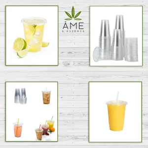 AME D'ESSENCE (200 PC) Combo 12 oz Disposable Clear Cups with Flat Lids Bonus Straws Drinking Plastic Cups Iced Coffee Party Cups Small (Cups 100 PC/Lids 100 PC)