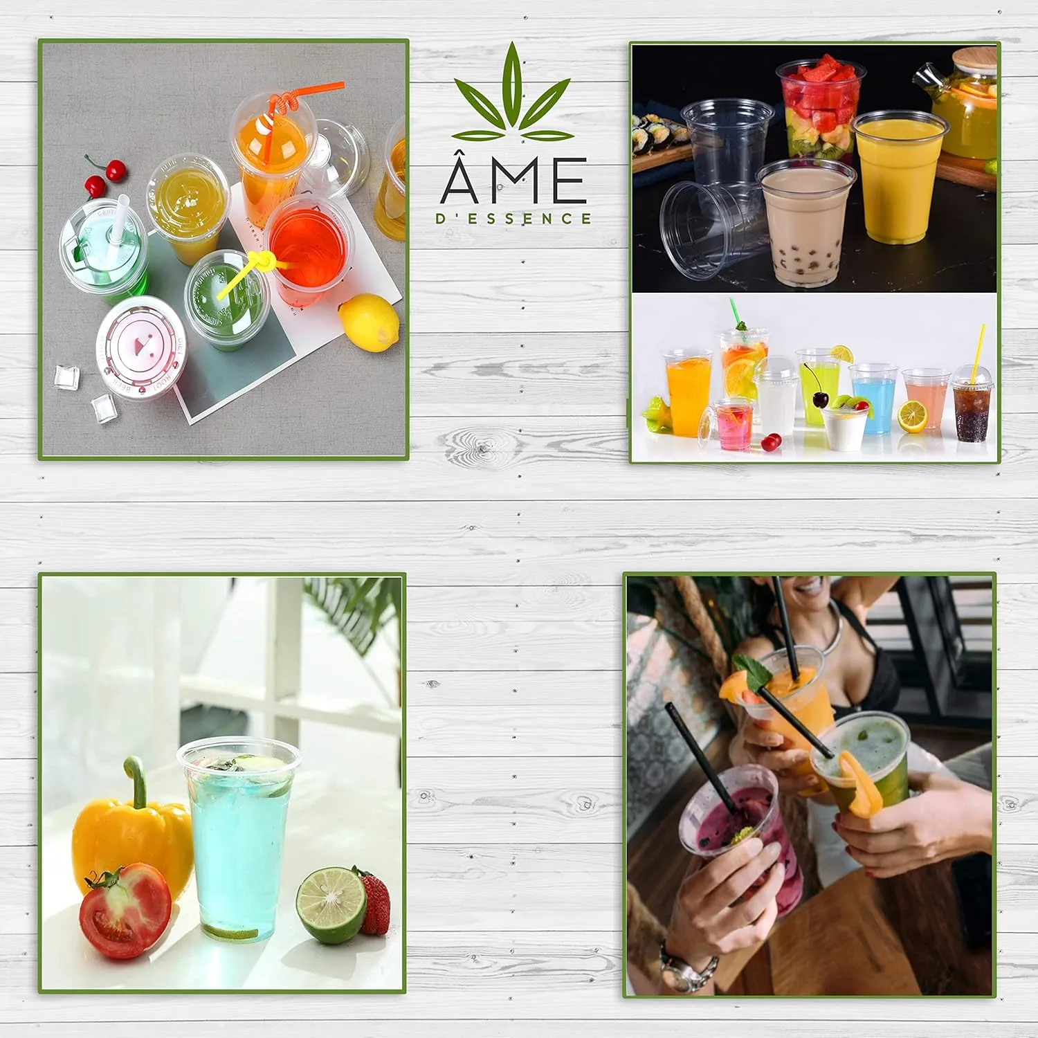 AME D'ESSENCE (200 PC) Combo 12 oz Disposable Clear Cups with Flat Lids Bonus Straws Drinking Plastic Cups Iced Coffee Party Cups Small (Cups 100 PC/Lids 100 PC)