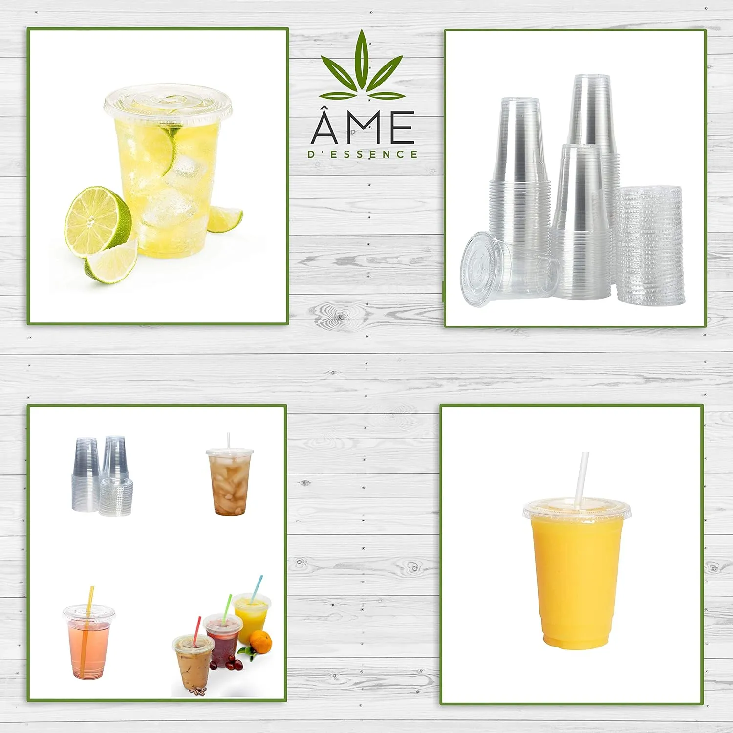 AME D'ESSENCE (200 PC) Combo 12 oz Disposable Clear Cups with Flat Lids Bonus Straws Drinking Plastic Cups Iced Coffee Party Cups Small (Cups 100 PC/Lids 100 PC)