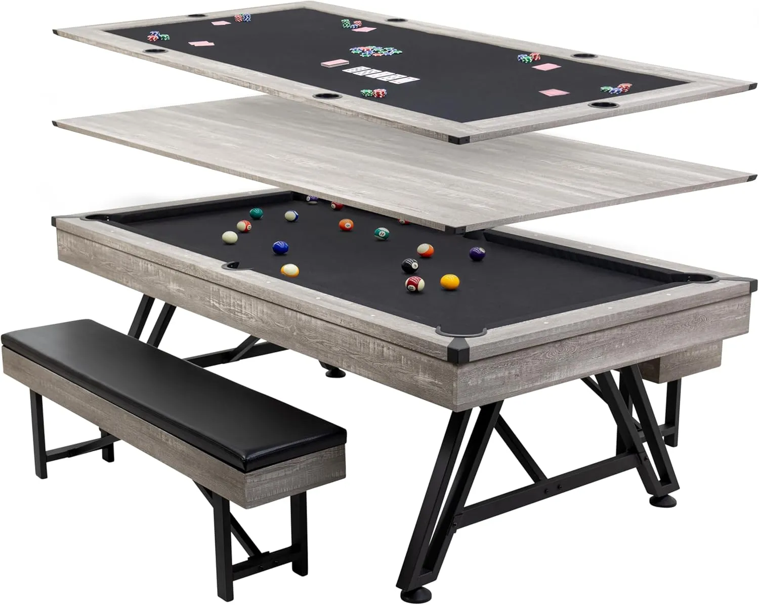 American Legend 3-in-1 Pool   Poker Dining Table - Instant Transformation - Premium Black Felt - XL Flip Top Bench Storage - Modern Design