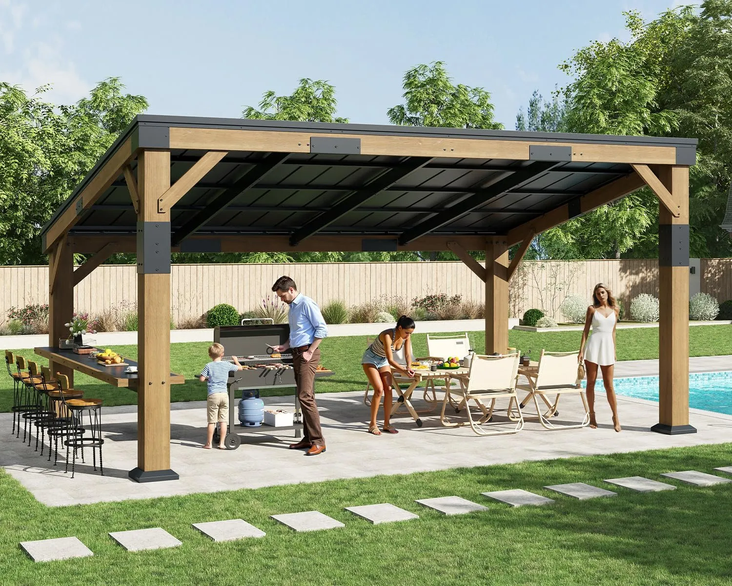 AMERLIFE 10x14 FT Spruce Wood Grill Gazebo, Permanent Galvanized Steel Lean to Canopy & Built-in Bar Shelf – Outdoor BBQ Gazebo Pergola for Deck, Backyard, Garden