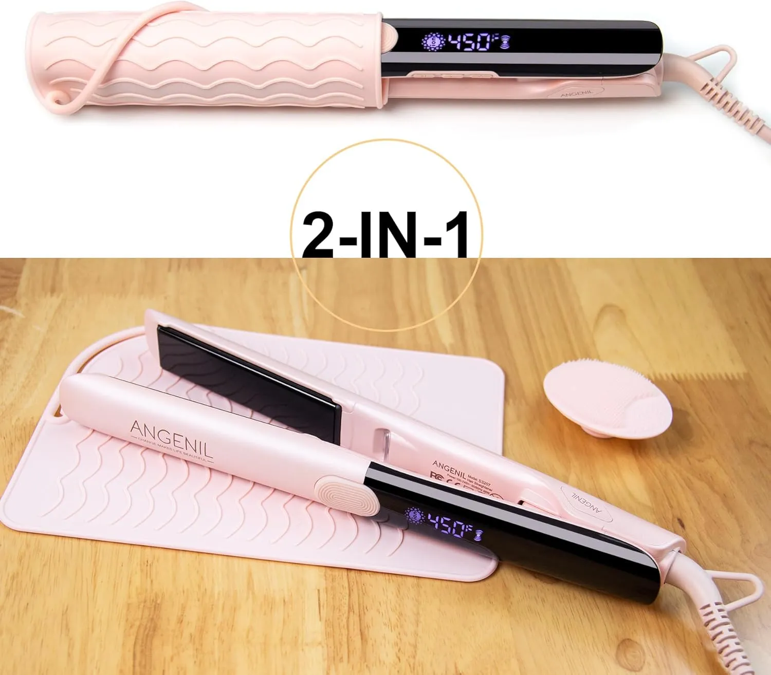 ANGENIL Flat Iron Hair Straightener and Curler 2 in 1, Titanium Dual Voltage Pink Hair Straightener, Anti-Scald Silicone Ionic Flat Iron with Heat Resistant Silicone Mat and Facial Cleansing Brushes