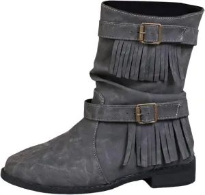 Ankle Boots for Women Casual Fringe Suede Boho Boots Vintage Round Toe Low Heel Mid Calf Boots Tassel Fall Winter Fashion Short Dress Boots