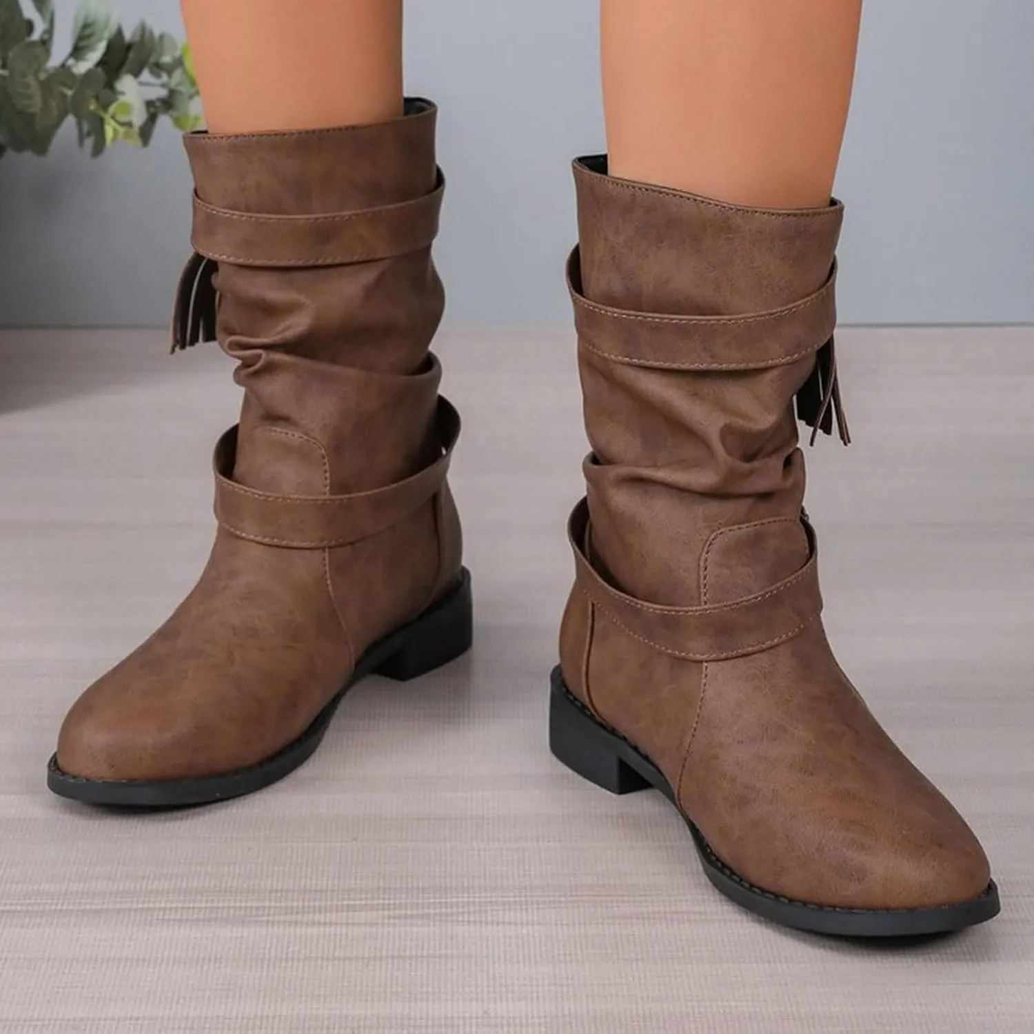 Ankle Boots for Women Casual Fringe Suede Boho Boots Vintage Round Toe Low Heel Mid Calf Boots Tassel Fall Winter Fashion Short Dress Boots