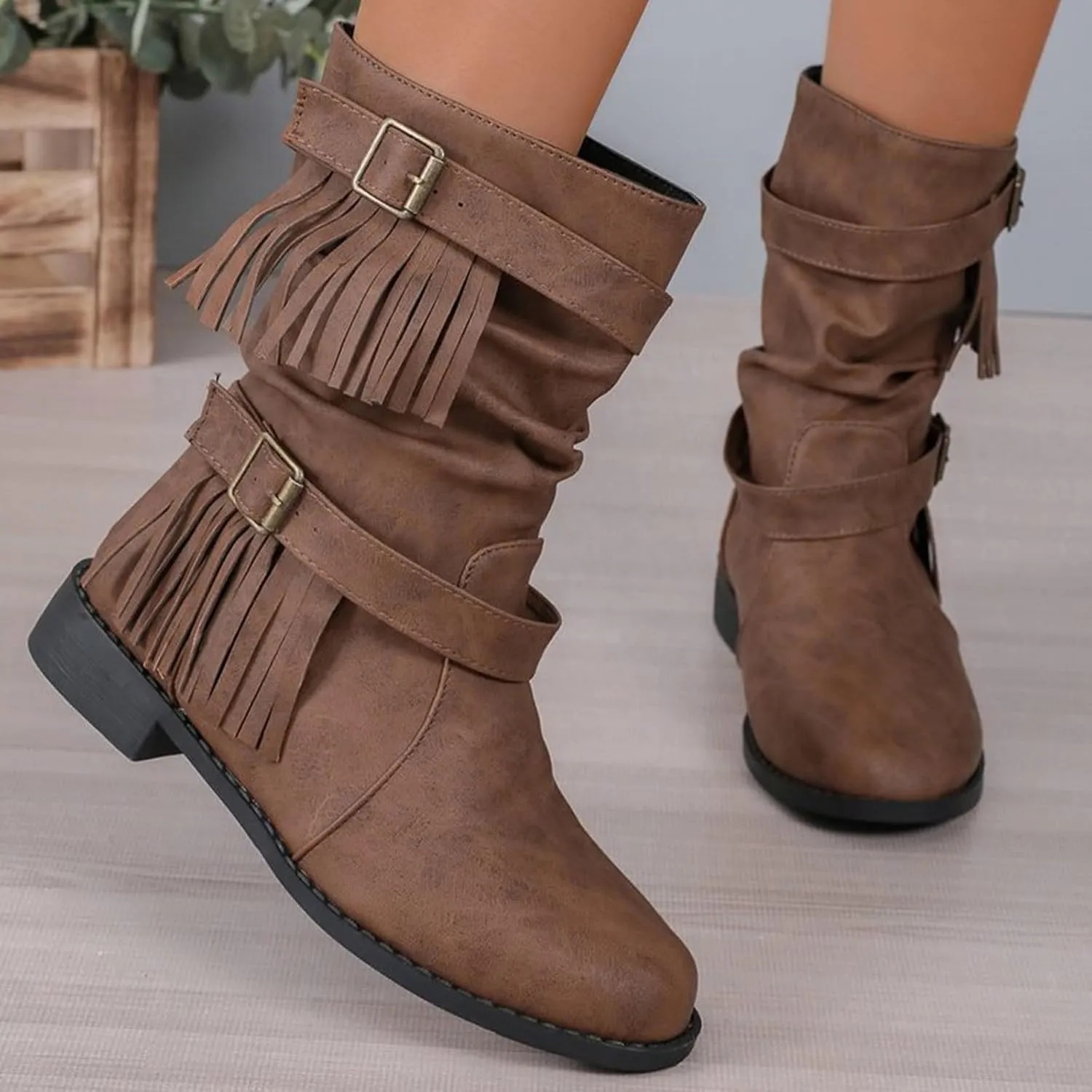 Ankle Boots for Women Casual Fringe Suede Boho Boots Vintage Round Toe Low Heel Mid Calf Boots Tassel Fall Winter Fashion Short Dress Boots