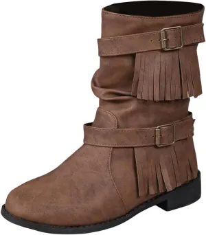 Ankle Boots for Women Casual Fringe Suede Boho Boots Vintage Round Toe Low Heel Mid Calf Boots Tassel Fall Winter Fashion Short Dress Boots