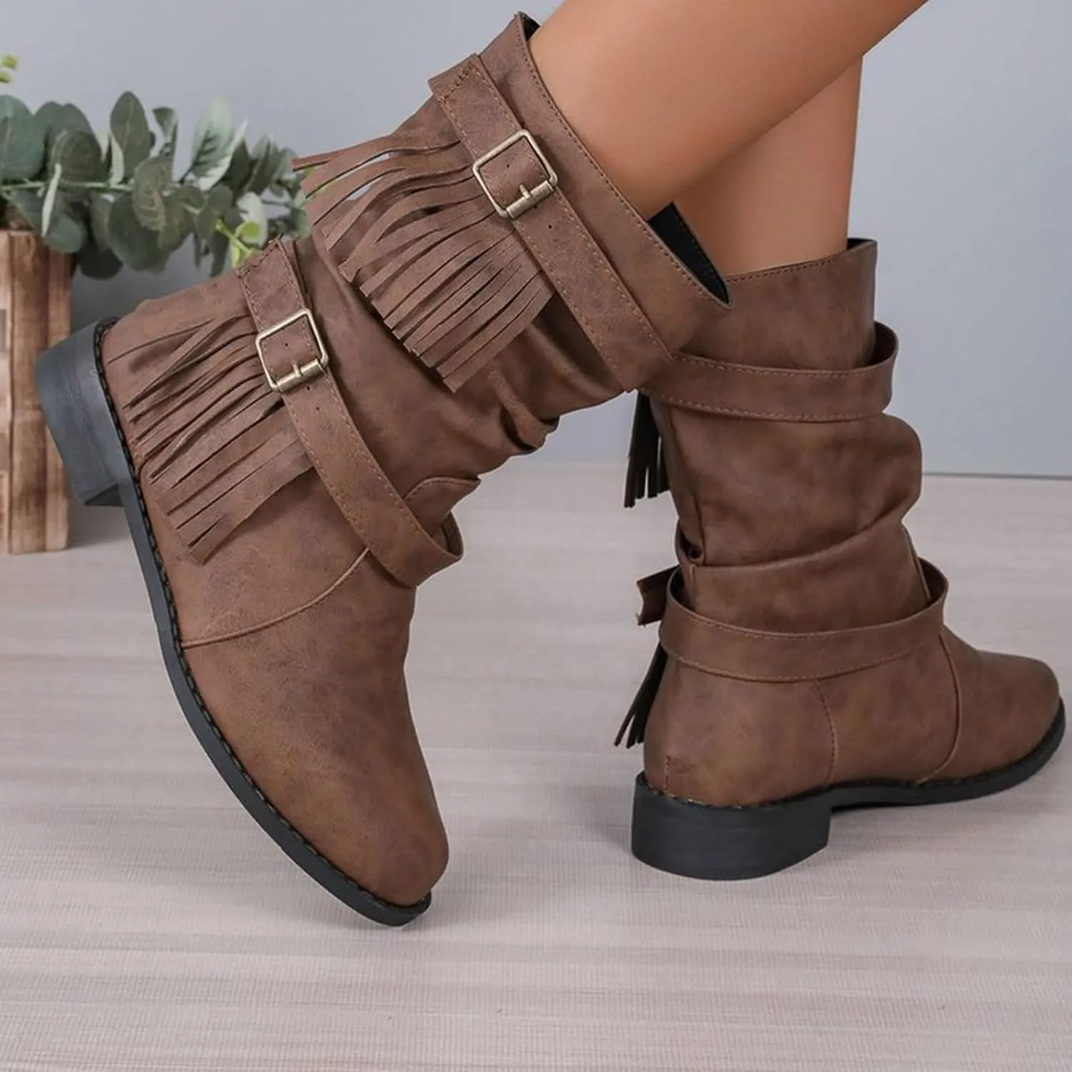 Ankle Boots for Women Casual Fringe Suede Boho Boots Vintage Round Toe Low Heel Mid Calf Boots Tassel Fall Winter Fashion Short Dress Boots