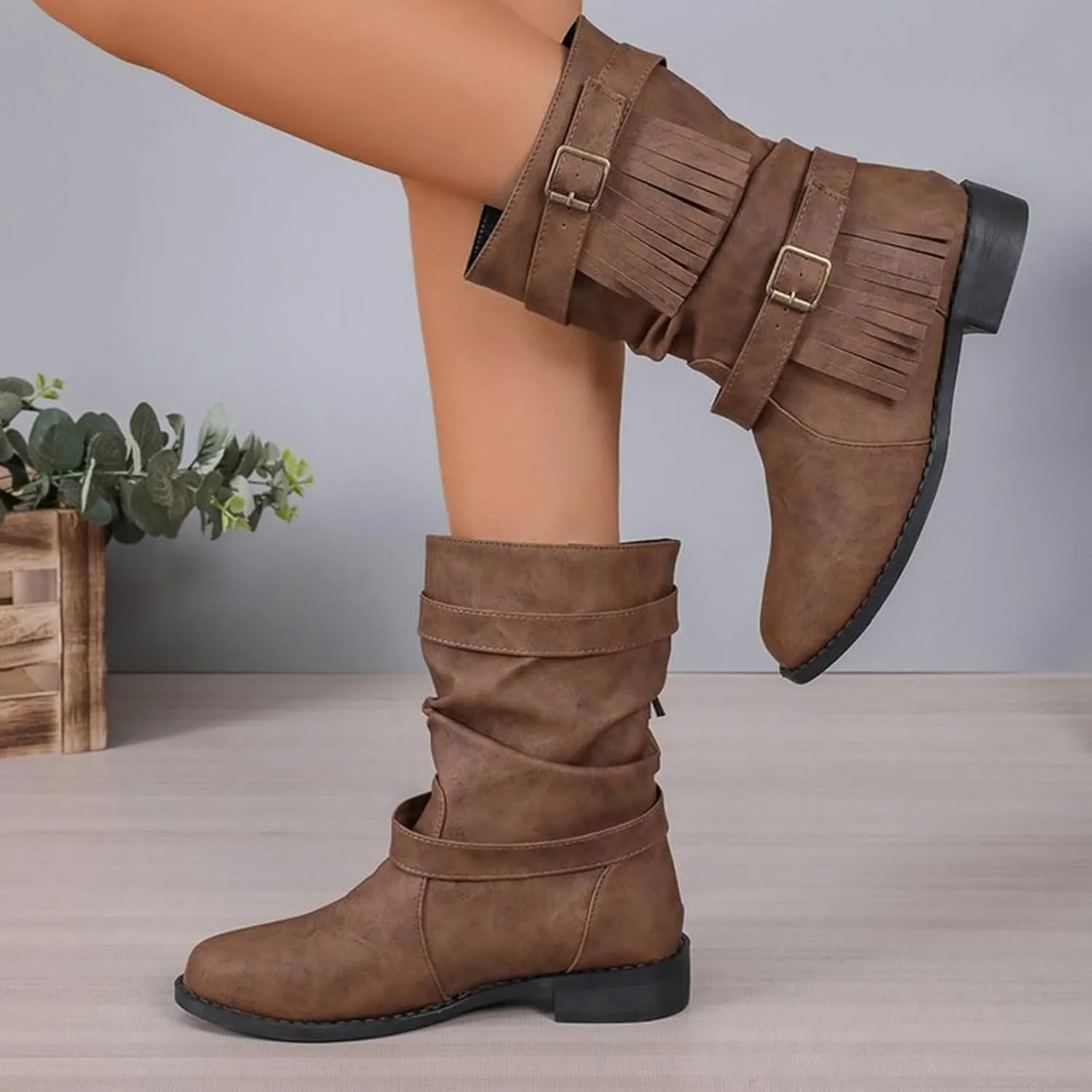 Ankle Boots for Women Casual Fringe Suede Boho Boots Vintage Round Toe Low Heel Mid Calf Boots Tassel Fall Winter Fashion Short Dress Boots
