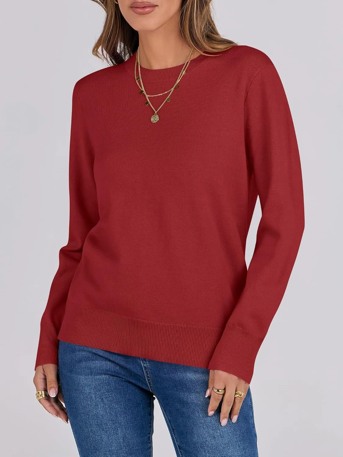 ANRABESS Women's Long Sleeve Crewneck Classic 2025 Fall Soft Loose Fit Basic Pullover Sweaters Top