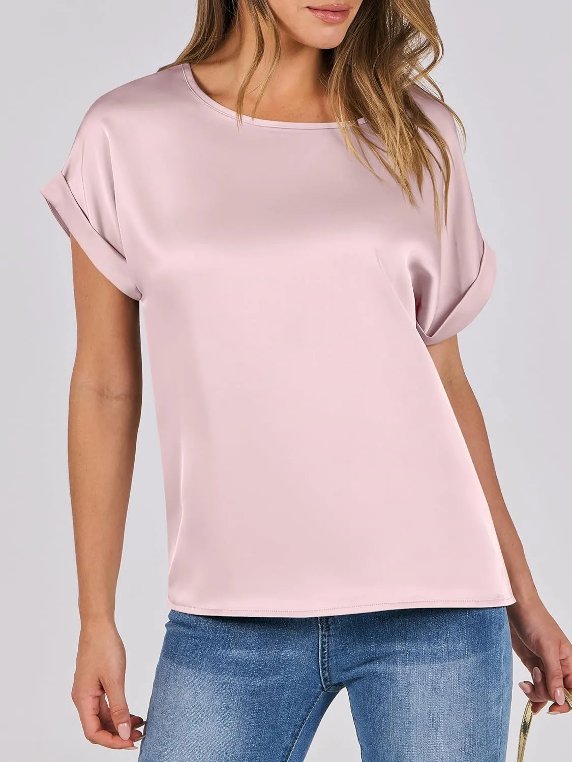 ANRABESS Women's Summer Dressy Casual Short Sleeve Shirts Crewneck Silk Satin Business Office Work Blouse Tops