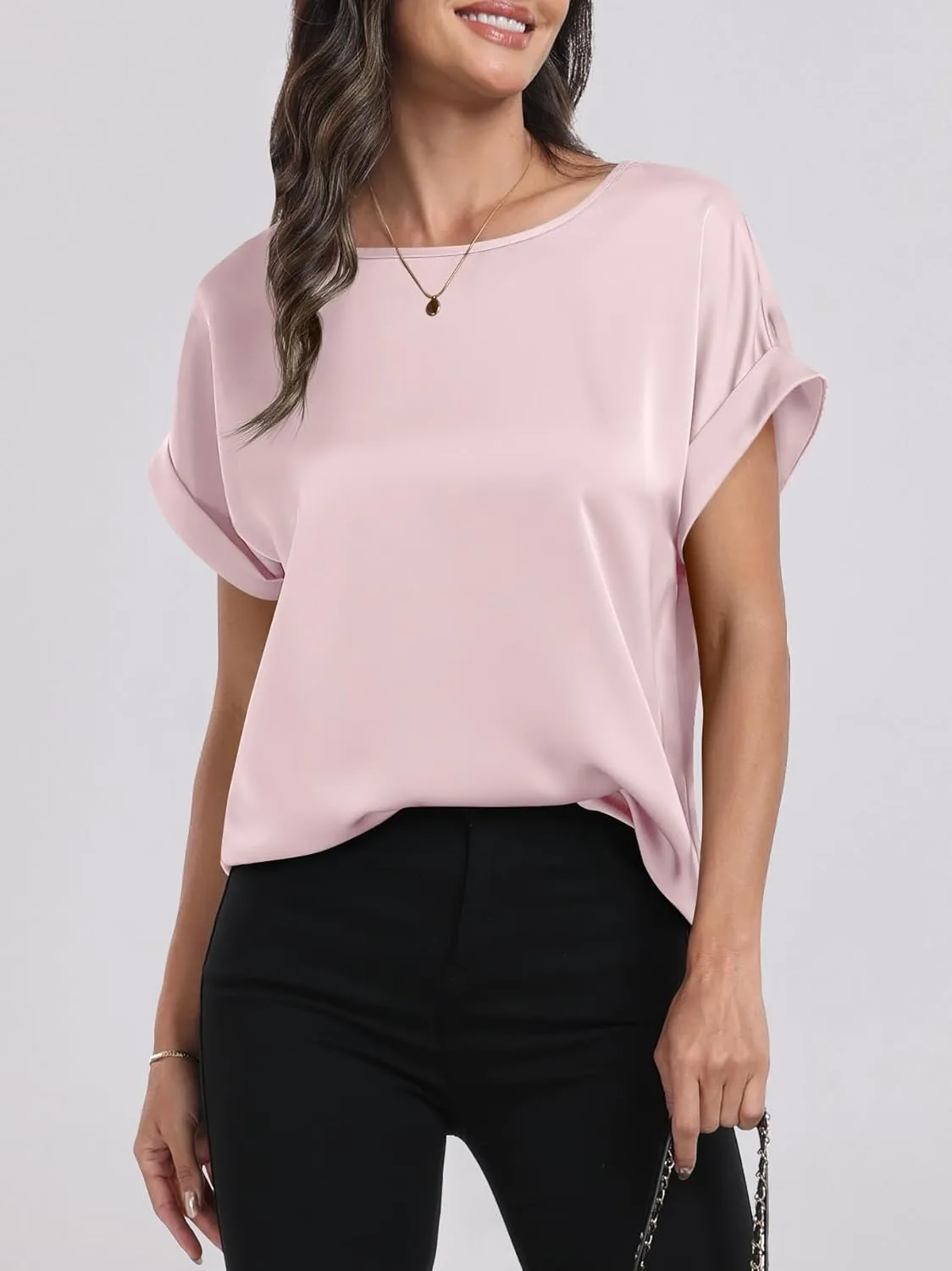 ANRABESS Women's Summer Dressy Casual Short Sleeve Shirts Crewneck Silk Satin Business Office Work Blouse Tops