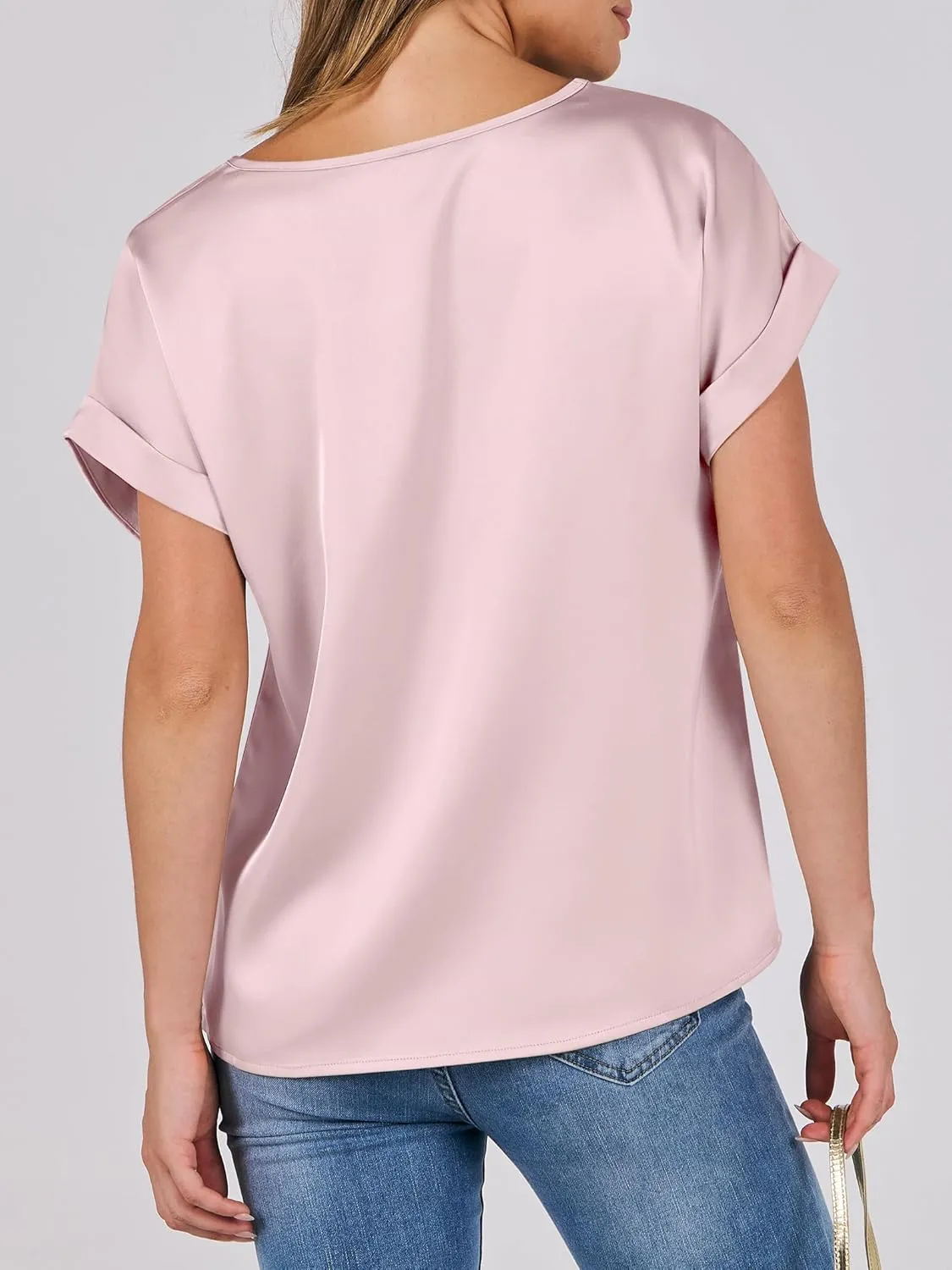 ANRABESS Women's Summer Dressy Casual Short Sleeve Shirts Crewneck Silk Satin Business Office Work Blouse Tops
