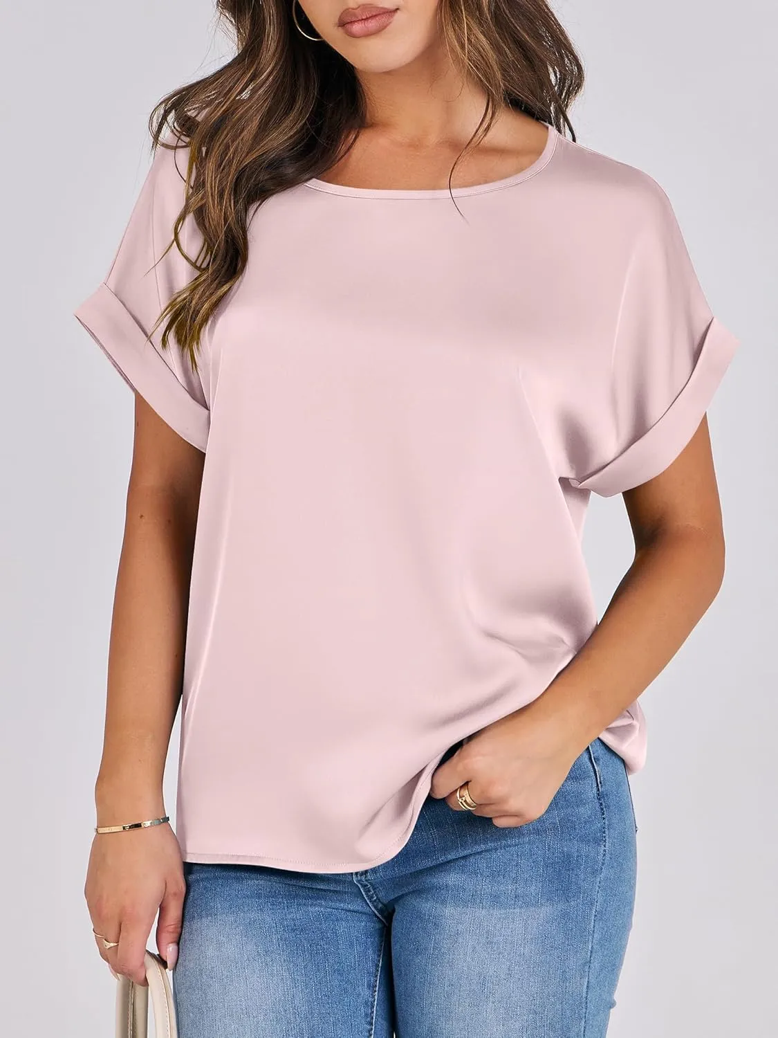 ANRABESS Women's Summer Dressy Casual Short Sleeve Shirts Crewneck Silk Satin Business Office Work Blouse Tops