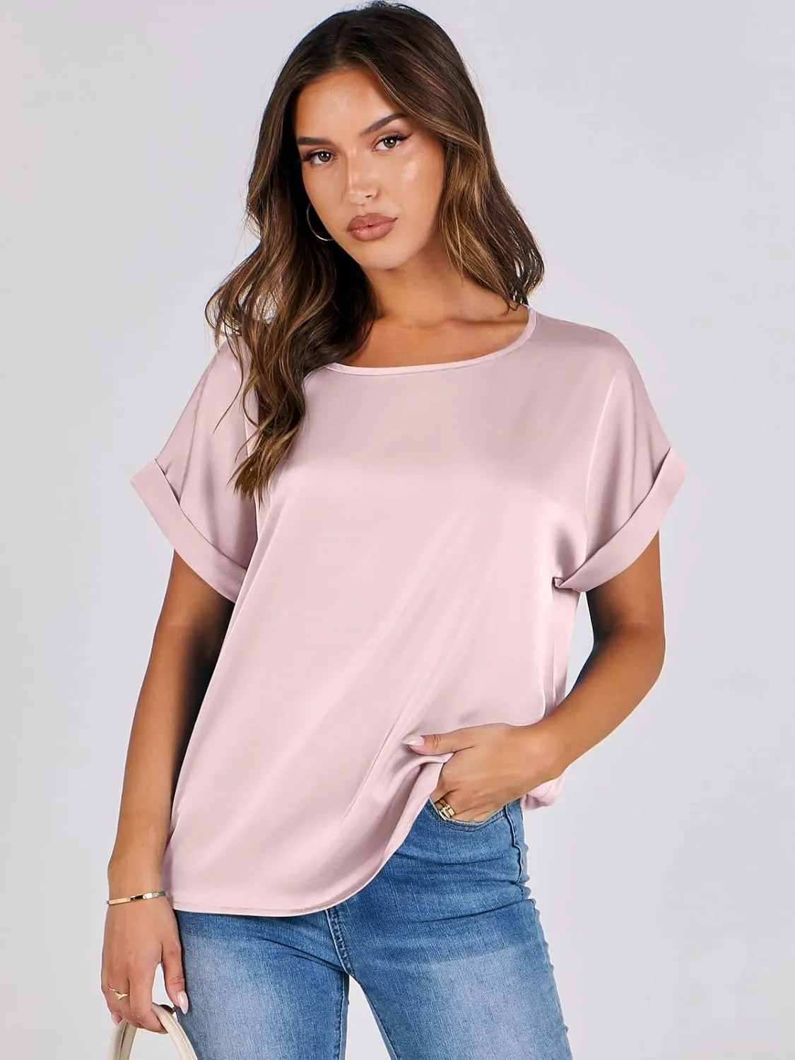 ANRABESS Women's Summer Dressy Casual Short Sleeve Shirts Crewneck Silk Satin Business Office Work Blouse Tops