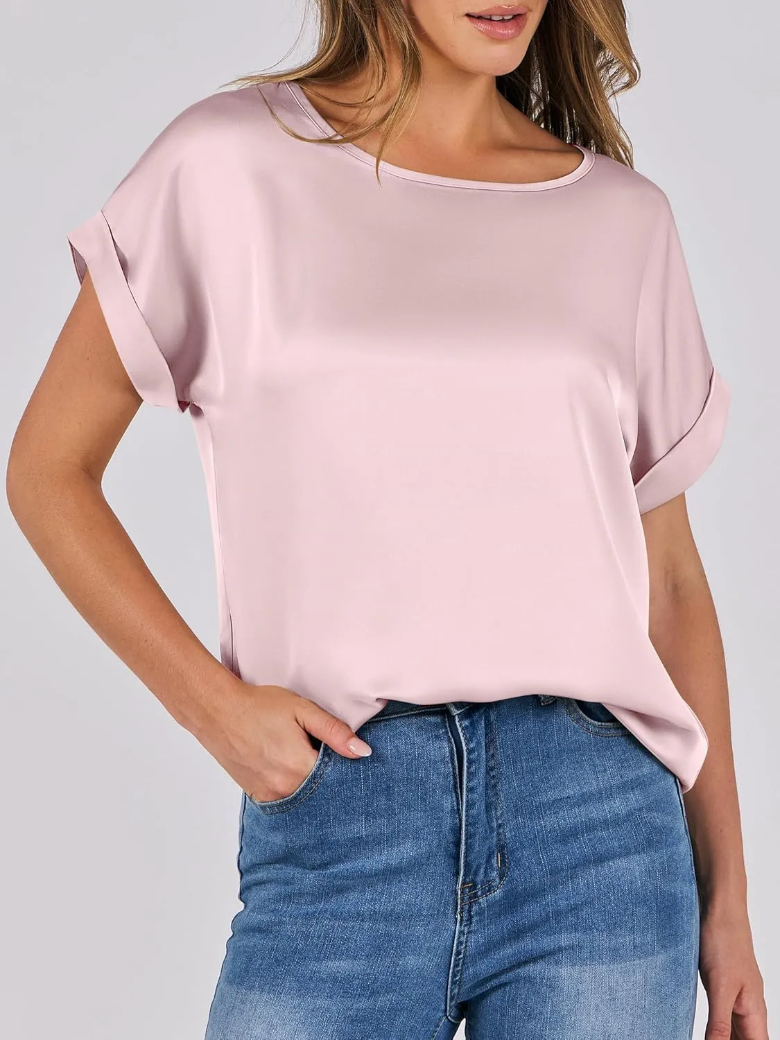 ANRABESS Women's Summer Dressy Casual Short Sleeve Shirts Crewneck Silk Satin Business Office Work Blouse Tops