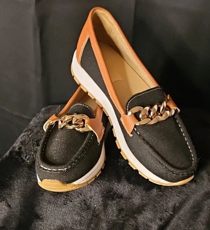 Anti-slip 9 New Multicolored U.S. 40 Loafers - Size Women's Canvas Chain Gold IoT-powered