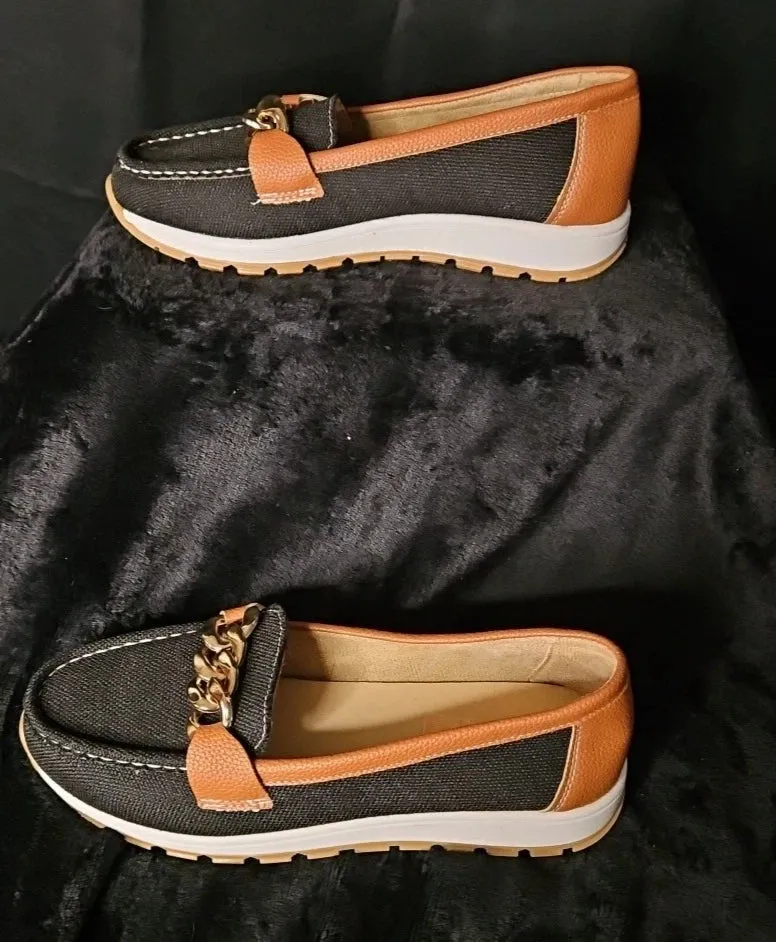 Anti-slip 9 New Multicolored U.S. 40 Loafers - Size Women's Canvas Chain Gold IoT-powered