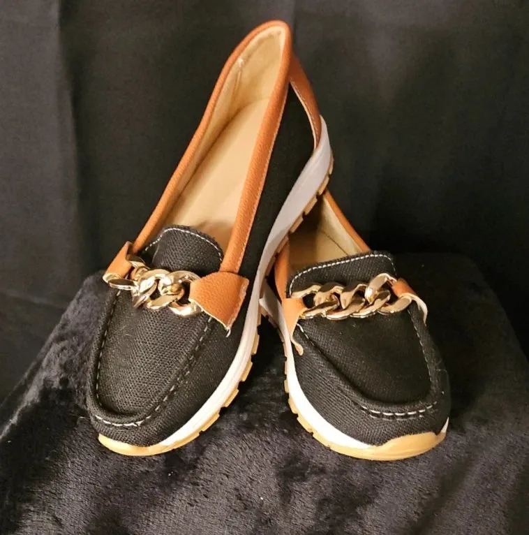 Anti-slip 9 New Multicolored U.S. 40 Loafers - Size Women's Canvas Chain Gold IoT-powered