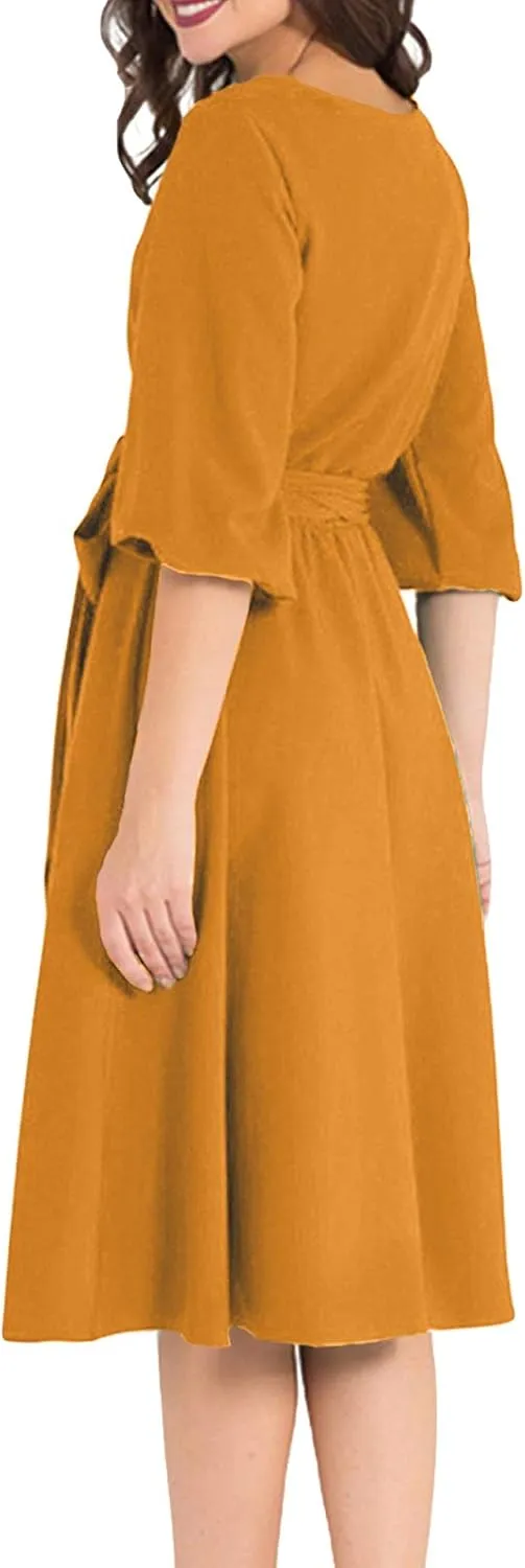AOOKSMERY Women Elegance Audrey Hepburn Style Round Neck 3/4 Puff Sleeve Swing Midi Dress Long Belt Dresses with Pockets