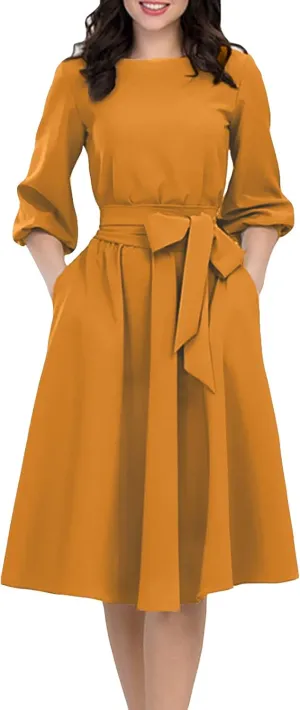 AOOKSMERY Women Elegance Audrey Hepburn Style Round Neck 3/4 Puff Sleeve Swing Midi Dress Long Belt Dresses with Pockets
