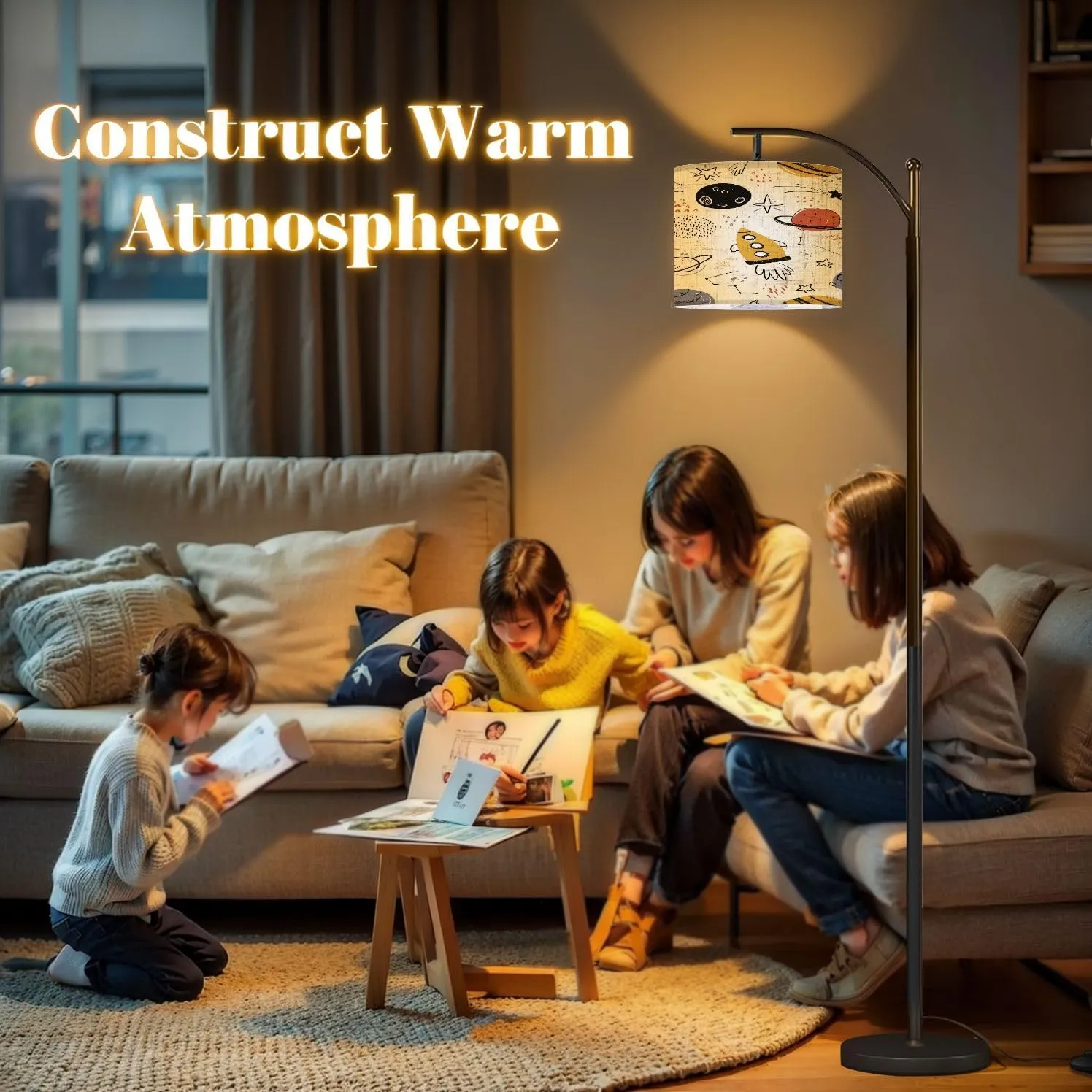 Arc Floor Lamps Hand Drawn Seamless Repeating Color Simple Flat Pattern Different Modern LED Adjustable Lampshade Standing Light for Living Room Reading Bedroom Office