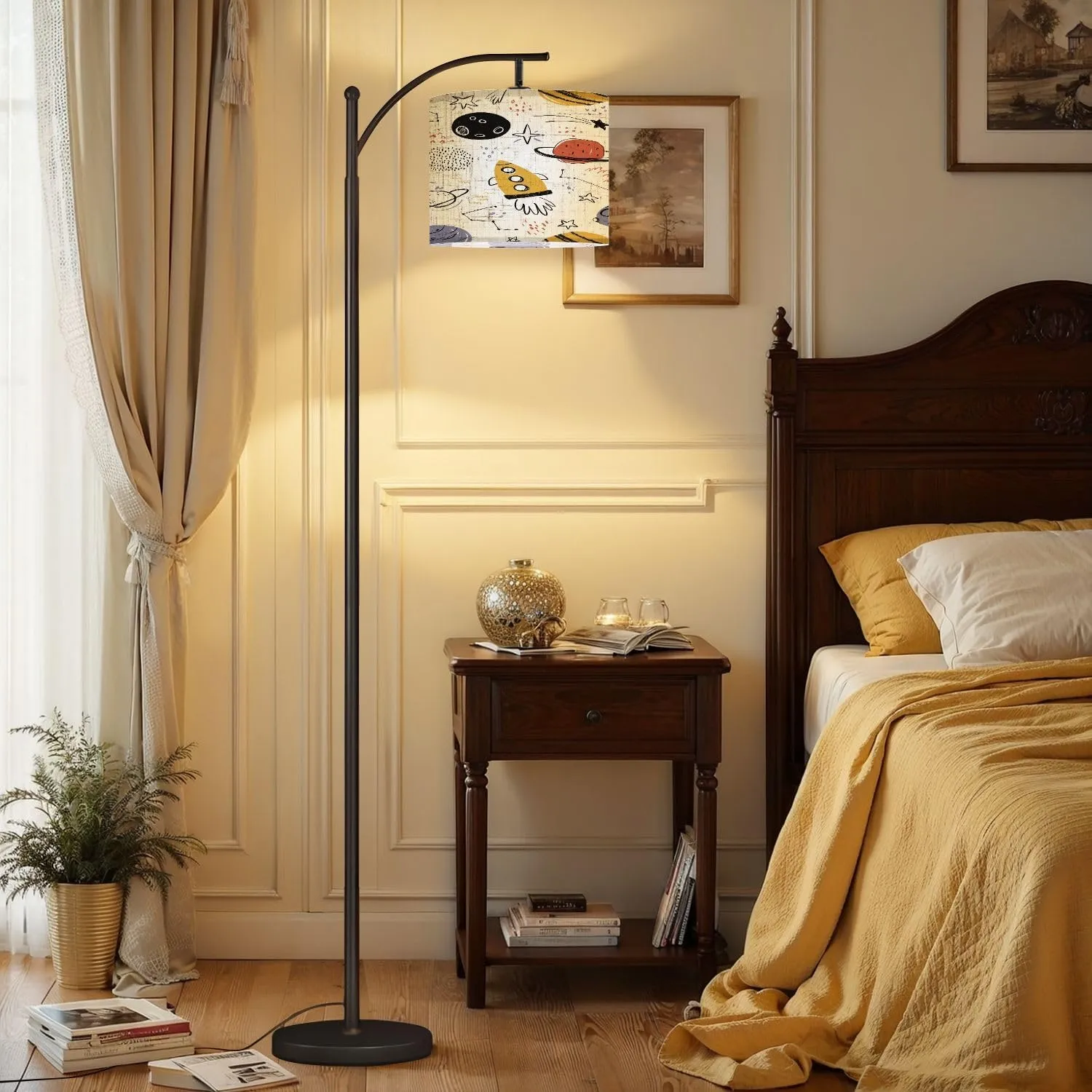 Arc Floor Lamps Hand Drawn Seamless Repeating Color Simple Flat Pattern Different Modern LED Adjustable Lampshade Standing Light for Living Room Reading Bedroom Office