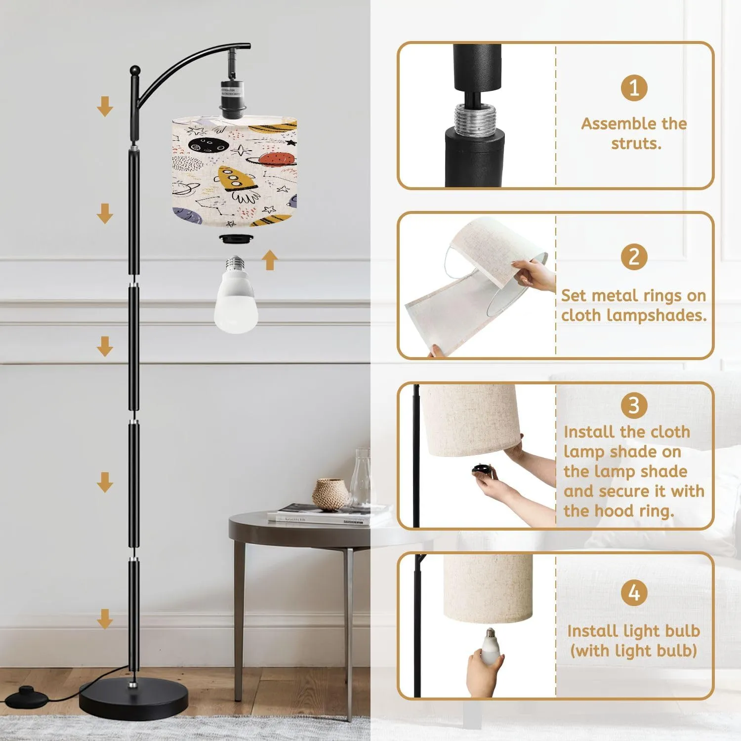 Arc Floor Lamps Hand Drawn Seamless Repeating Color Simple Flat Pattern Different Modern LED Adjustable Lampshade Standing Light for Living Room Reading Bedroom Office
