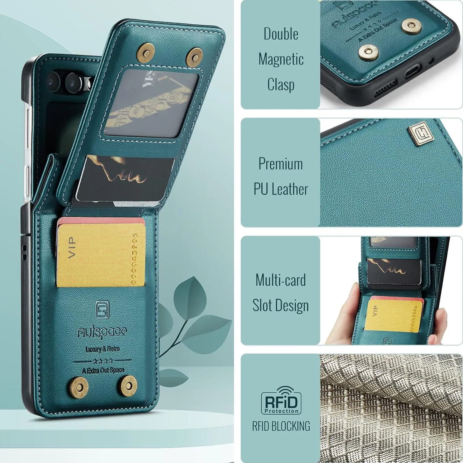 ASAPDOS Crossbody Case with Card Holder Compatible with Samsung Galaxy Z Flip 5,PU Leather Strap Wristlet Flip Case with Magnetic Closure and Card Holder for Men Women Blue Green