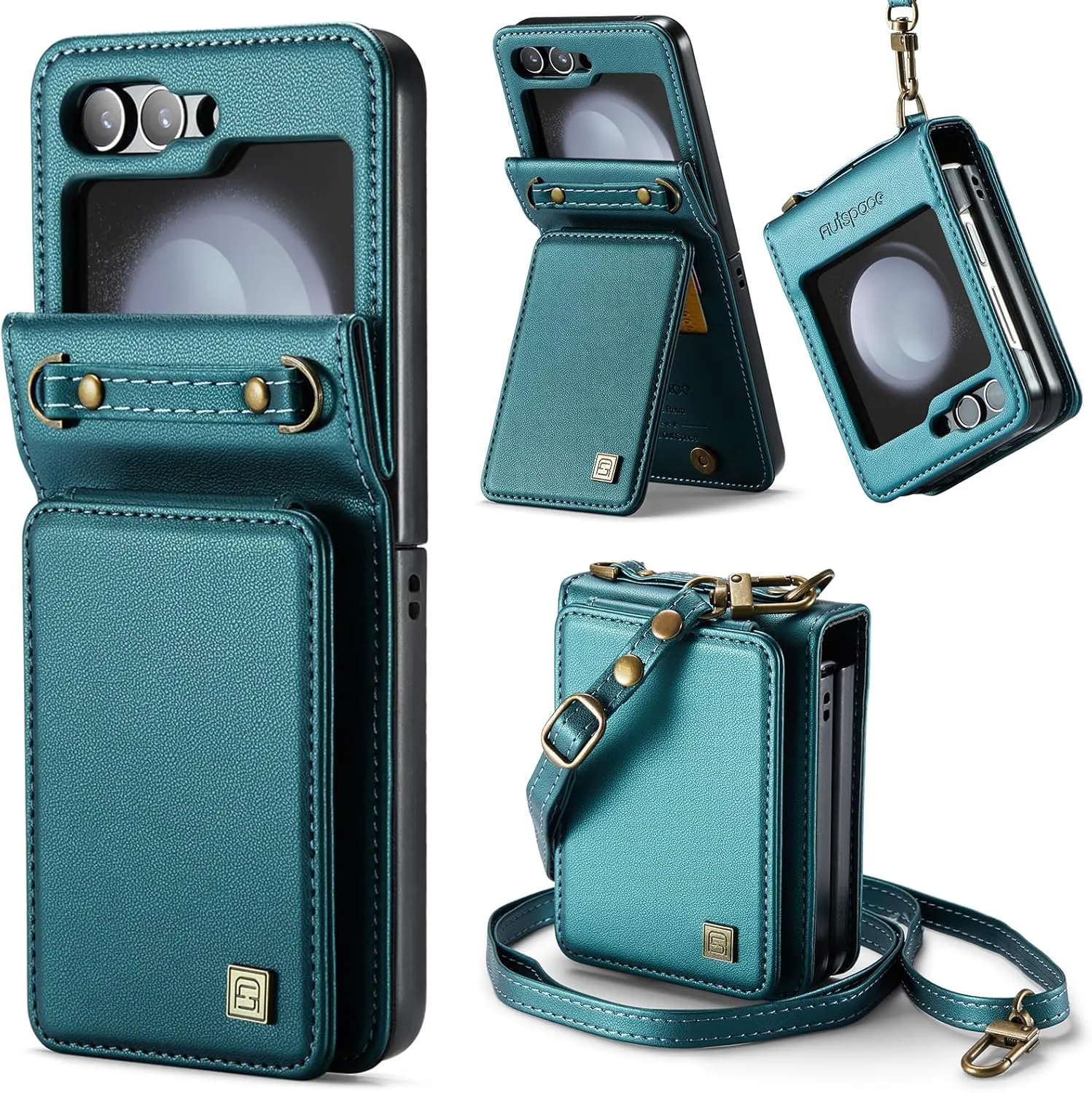 ASAPDOS Crossbody Case with Card Holder Compatible with Samsung Galaxy Z Flip 5,PU Leather Strap Wristlet Flip Case with Magnetic Closure and Card Holder for Men Women Blue Green