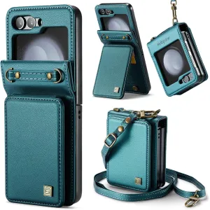 ASAPDOS Crossbody Case with Card Holder Compatible with Samsung Galaxy Z Flip 5,PU Leather Strap Wristlet Flip Case with Magnetic Closure and Card Holder for Men Women Blue Green