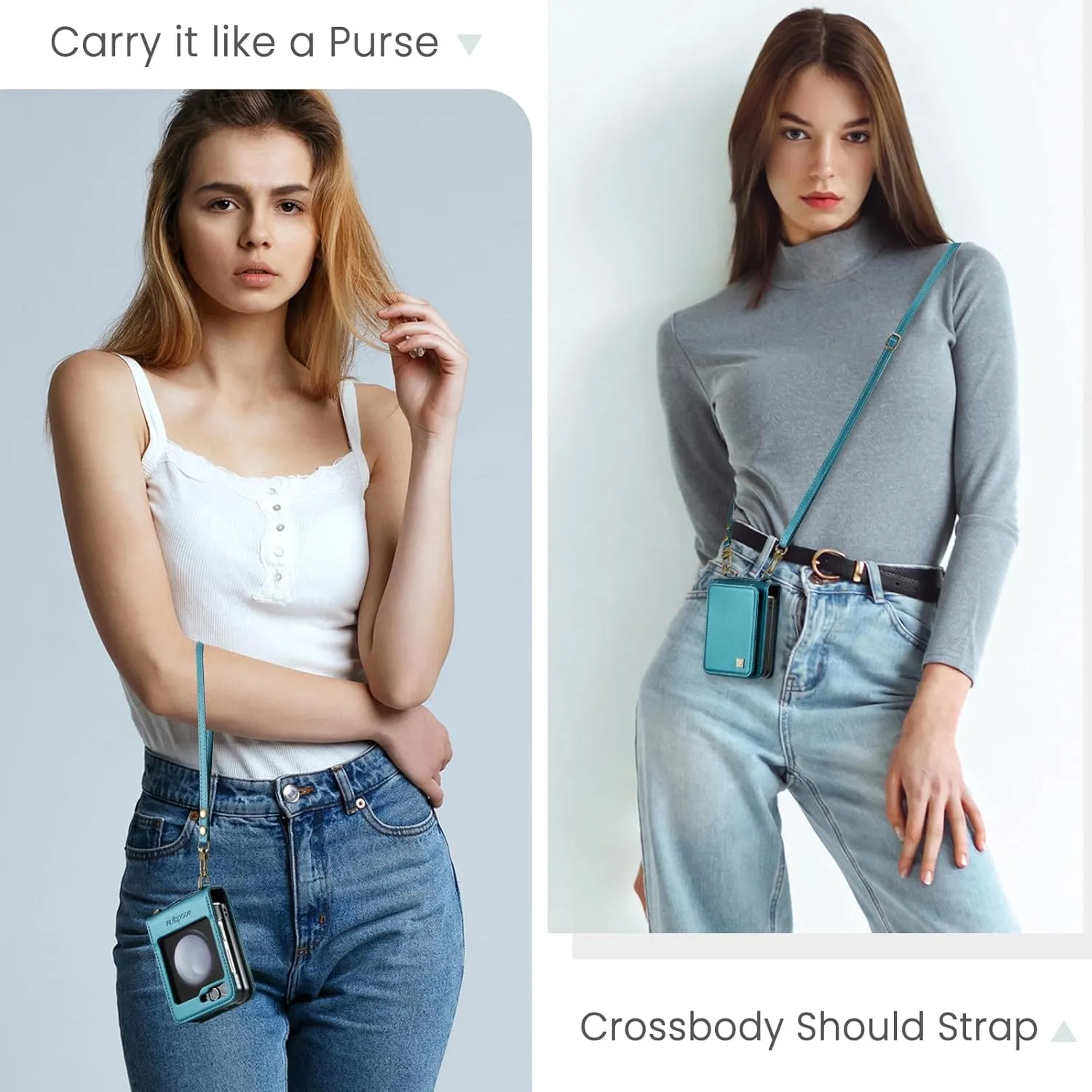 ASAPDOS Crossbody Case with Card Holder Compatible with Samsung Galaxy Z Flip 5,PU Leather Strap Wristlet Flip Case with Magnetic Closure and Card Holder for Men Women Blue Green