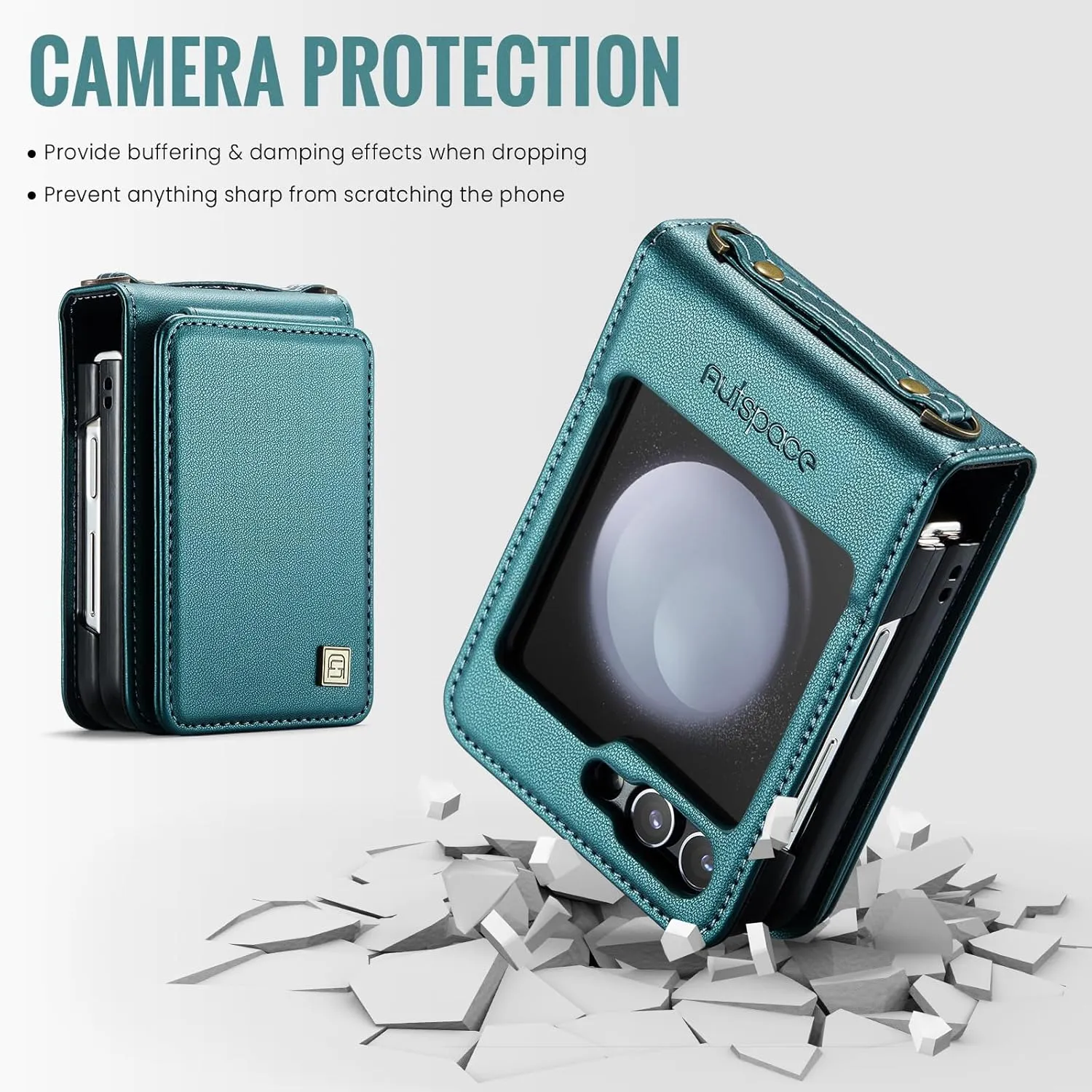 ASAPDOS Crossbody Case with Card Holder Compatible with Samsung Galaxy Z Flip 5,PU Leather Strap Wristlet Flip Case with Magnetic Closure and Card Holder for Men Women Blue Green