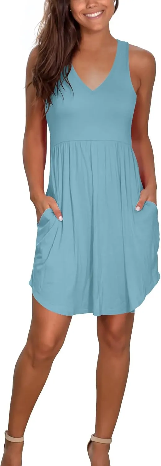 Atizon Casual Summer T Shirt Dress for Women V Neck Swing Elastic Tunic Short Sundress with Pockets