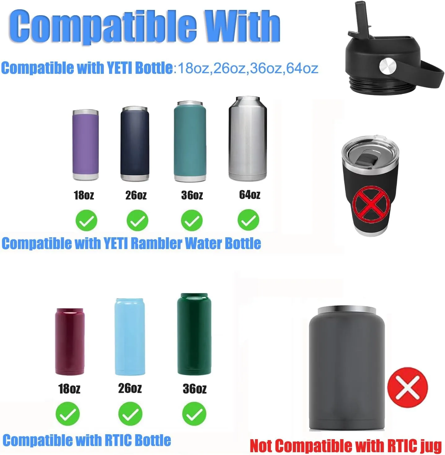 Auto Spout Lid for Yeti Rambler 12/18/26/36/46/64 Oz Chug Cap Replacement with Soft Handle for RTIC | Leakproof | BPA Free | Dishwasher Safe (Aotu Spout Lid, Black)