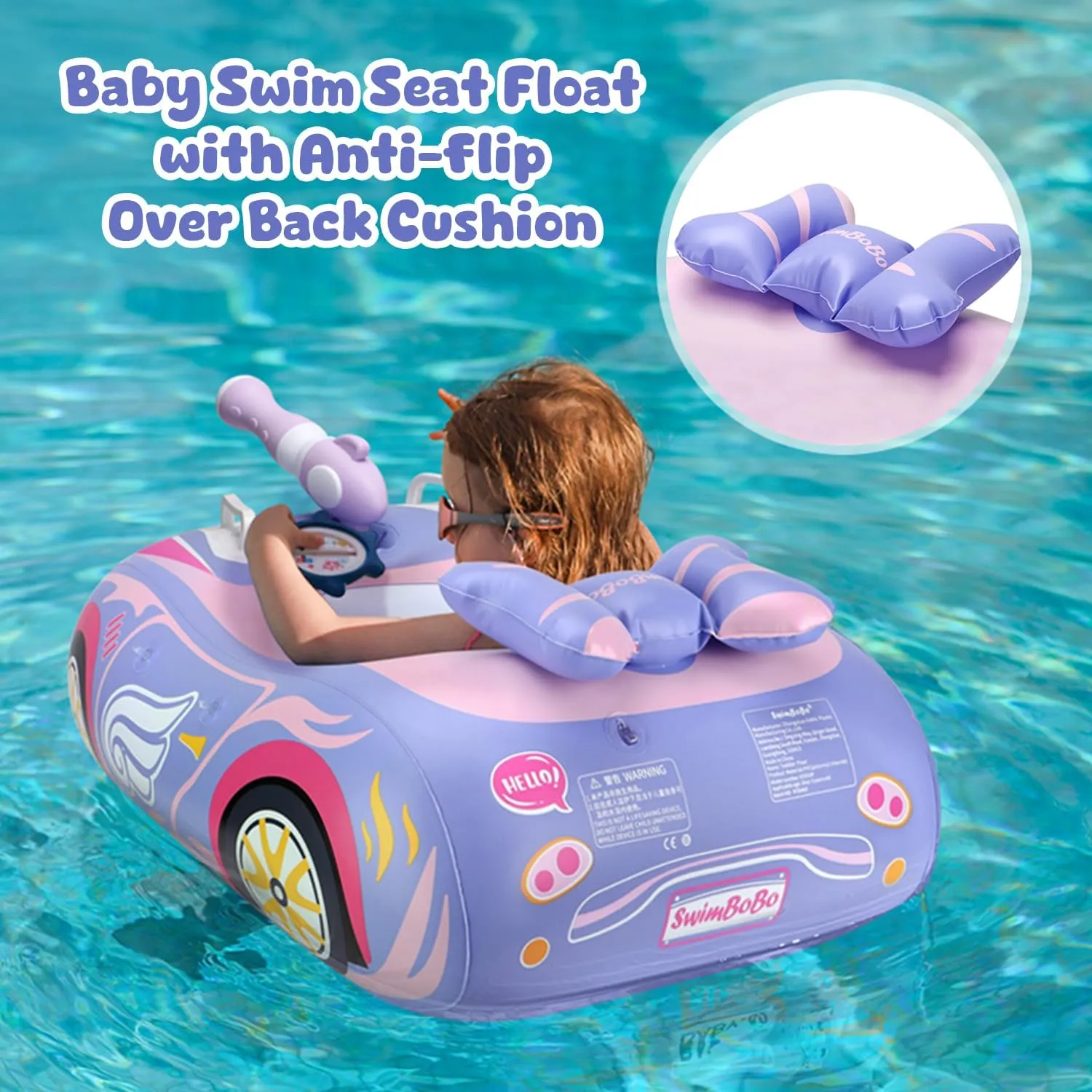 Baby Pool Float with 3D Car Design, PVC Baby Swim Float, Toddler Pool Float, Swimming Floats Seat Boat Pool Toys with Steering Wheel for 12-18, 12-24 Months, Age 2-3, 1-4 Years Girl Boy